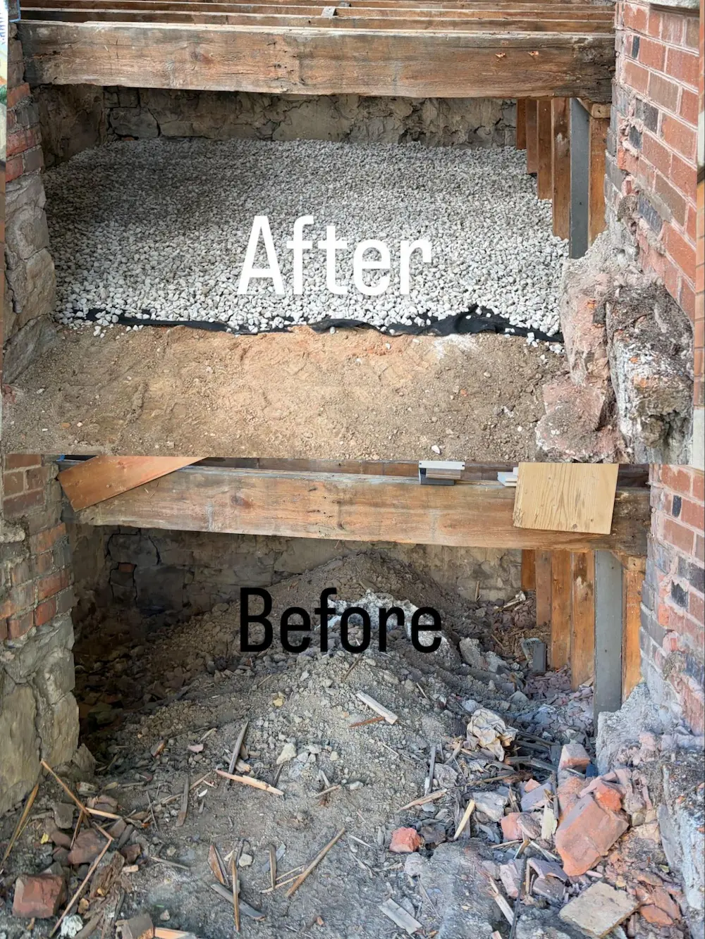 Under the front porch deck: old debris before, clean gravel base after