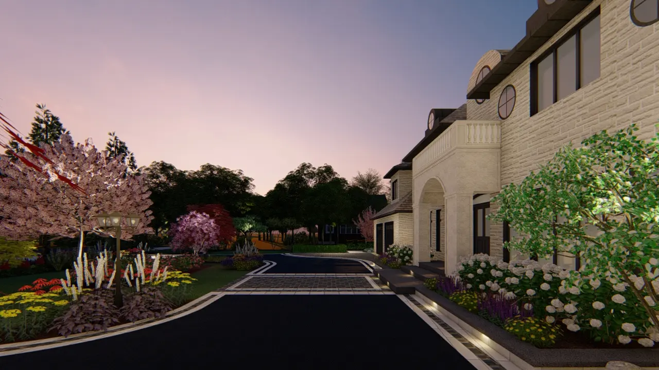 3D landscape design rendering of the front yard of a French château-style home in Oakville